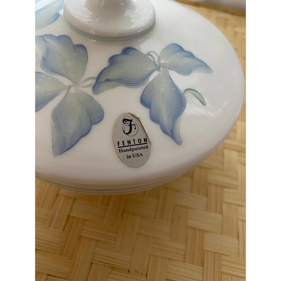 Fenton White Glass Blue Floral Candy Dish with Lid - Picture 4 of 6